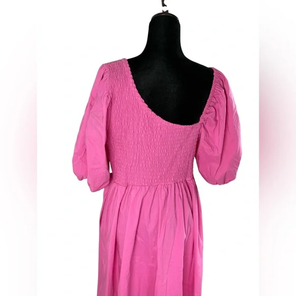 Eloquii Vibrant Barbie Pink Smocked Asymmetric Neck Maxi Dress - Picture 14 of 16